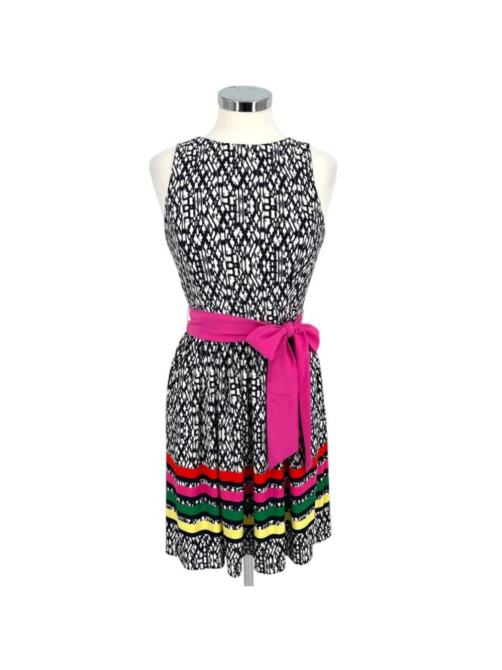 Eliza J A-Line Sleeveless Jersey Printed Dress Stripe Detail Knee Length Size 4